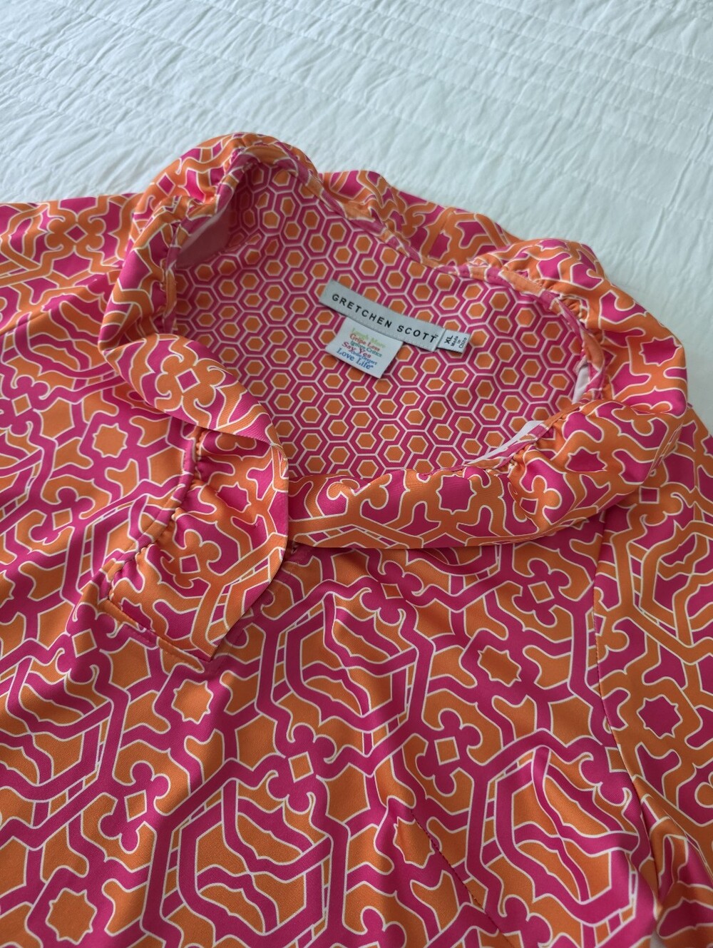 Gretchen Scott Ruffle Neck In Rio Grace Pink and Orange Patterned Dress - Picture 3 of 16